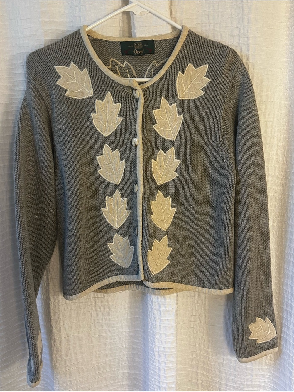 Orvis Vintage Gray Cardigan with Cream Leaf Appliqués